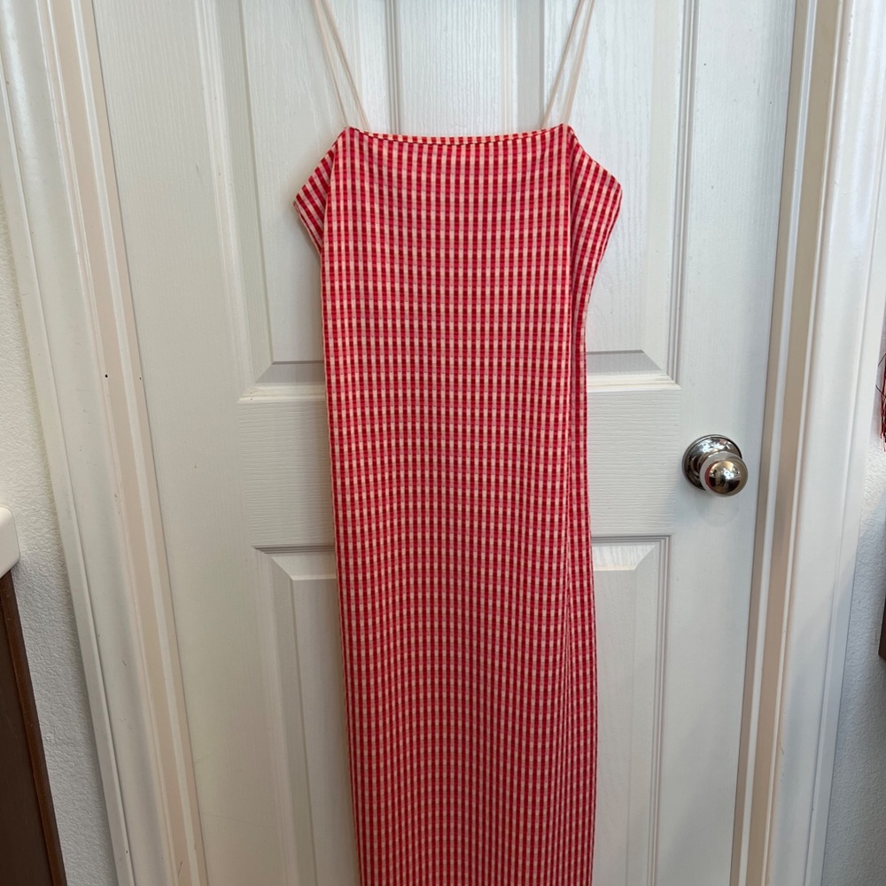 Zara Straight Calf Length Gingham Rounded Neckline Thin Strap Dress Size M